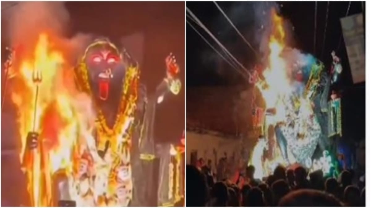 विसर्जन में अफरा-तफरी: मां काली की प्रतिमा में लगी अचानक आग