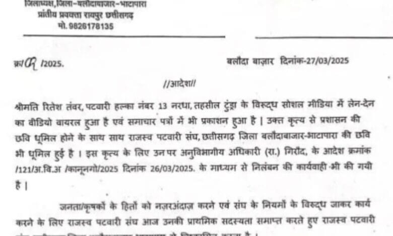 बलौदाबाजार: रिश्वतखोरी के आरोप में निलंबित महिला पटवारी संघ से भी बाहर