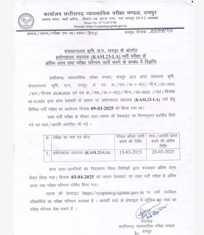 CGVYAPAM : प्रयोगशाला सहायक भर्ती का अंतिम परिणाम घोषित