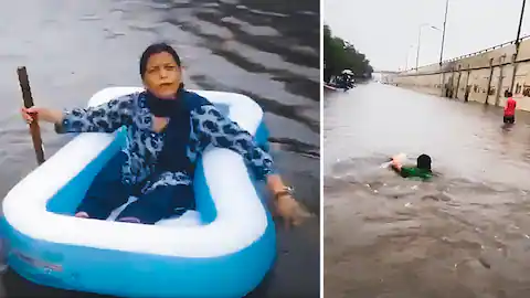 Delhi Rain 2025: बारिश में डूबी दिल्ली, AAP ने नाव चलाकर BJP को घेरा