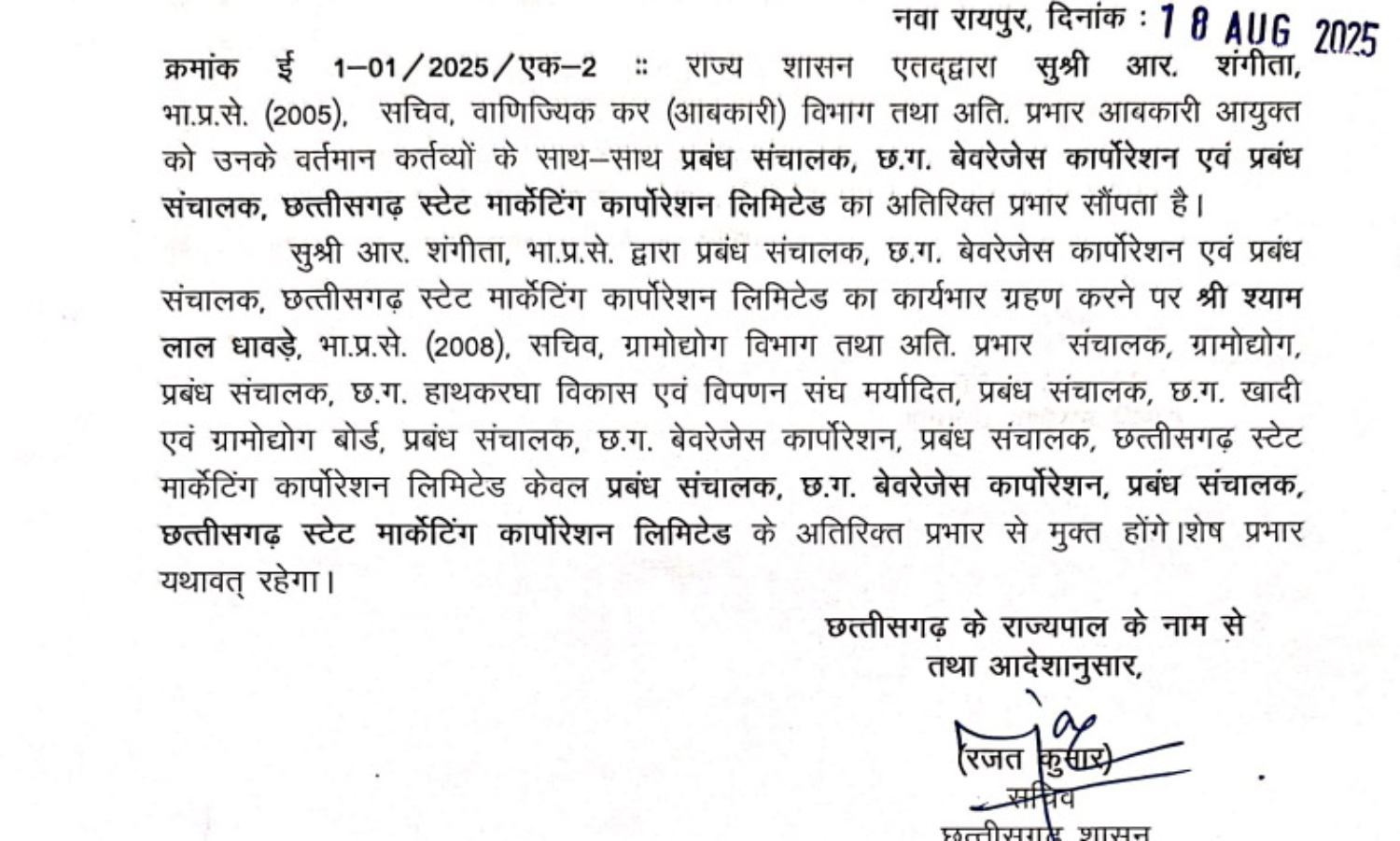 IAS आर. संगीता को मिली नई जिम्मेदारी