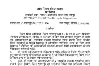 महासमुंद: स्टूडेंट्स को धमकाया, शराब पीकर आया टीचर सस्पेंड