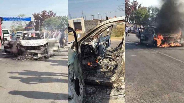 मुंगेली: चलती कार बनी आग का गोला! अंदर थे दूल्हा-दुल्हन, फिर